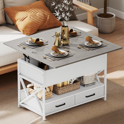 HOMCOM Modern Coffee Table, Lift Top Center Table with Fabric Drawers and Hidden Storage for Living Room, Cement Grey
