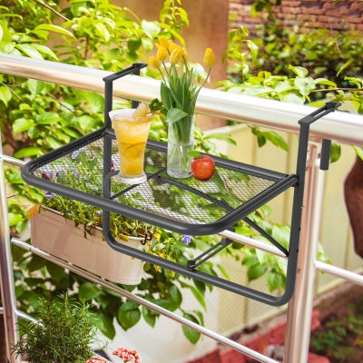 Outsunny Adjustable Balcony Hanging Railing Table, Metal Mounting Mini Wall Desk Storage Rack, Outdoor Flower Stand Serving Table Rectangle, Black