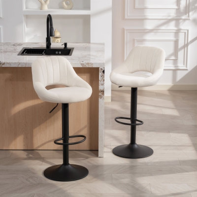 HOMCOM Bar Stools Set of 2, Swivel Counter Height Barstools with Adjustable Height, Plush Upholstered Bar Chairs with Round Metal Base and Footrest, Cream