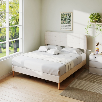 HOMCOM King Size Bed Frame with Adjustable Headboard Upholstered Platform Bed Frame with Wood Slat Support Noise Free White