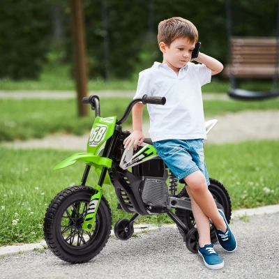 Qaba 12V Kids Electric Motorcycle, Green with Training Wheels