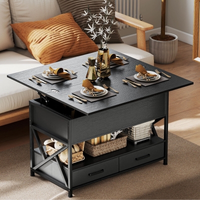 HOMCOM Modern Coffee Table, Lift Top Center Table with Fabric Drawers and Hidden Storage for Living Room, Distressed Black