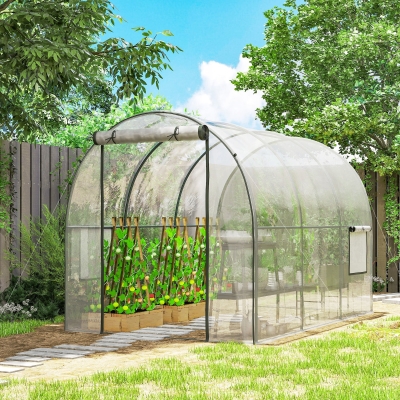 Outsunny Polytunnel Greenhouse with Roll-up Door and Mesh Window, Walk-in Grow House Tent with Steel Frame, 3 x 2 x 2 m, Clear