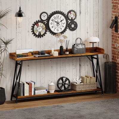 HOMCOM 71" Extra Long Console Table with Storage Shelf and Guardrails, Industrial Entryway Table for Living Room, Rustic Brown