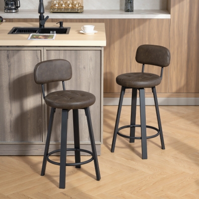 HOMCOM Bar Stools Set of 2, Upholstered Breakfast Bar Chairs with Footrest and Backrest for Kitchen Counter, Brown