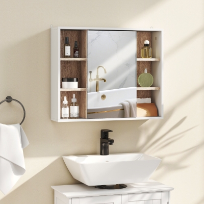HOMCOM Wall-Mounted Bathroom Medicine Cabinet with Mirror, Over Toilet Bathroom Vanity Cabinet White & Oak