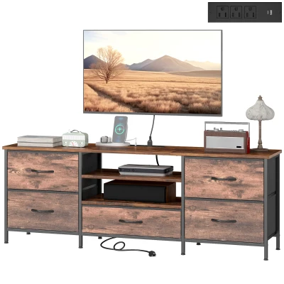 HOMCOM TV Stand for TVs up to 65 Inch, Industrial TV Console with Charging Station, 5 Drawers and Open Shelves, Rustic Brown