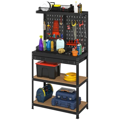HOMCOM Work Bench with Pegboard, 31.5" Heavy Duty Metal Workbench with Hanging Kits, 2 Lower Shelves and Large Drawer, Black