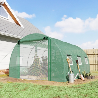 Outsunny Walk-in Tunnel Greenhouse, Plant Hot House w/ Support Rods, Roll-up Mesh Door, Mesh Windows, 13'x9.8'x6.6', Green