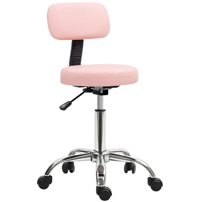 HOMCOM Adjustable Rolling Stool with Removable Backrest, Faux Leather Swivel Stool Chair for Salon Spa, Bar, Massage, Pink