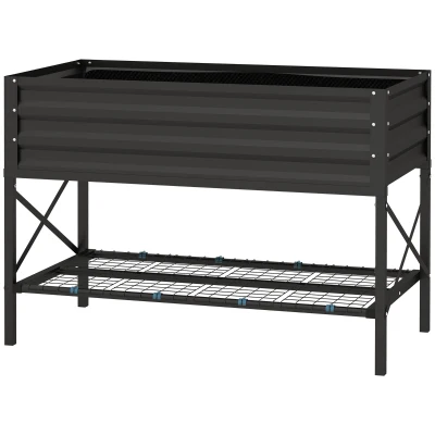 Outsunny Galvanized Raised Garden Bed, Metal Planter Box with Bed Liner and Storage Shelf, for Vegetables Flowers Herbs, Black