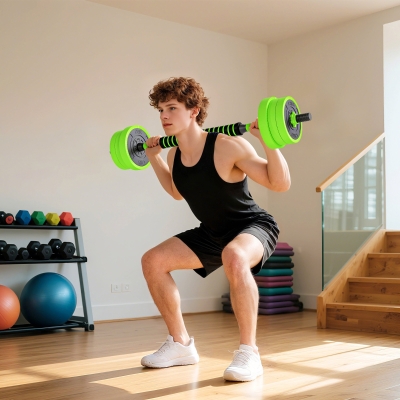 Soozier 44lbs 4-in-1 Adjustable Weight Dumbbell Set, Barbell, Kettlebell, Push Up Stand, Green