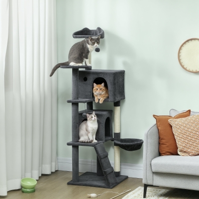 PawHut 63 Inch Cat Tree with Sisal Scratching Posts, Condos, Plush Perches, Hammock, Ladder, Dangling Balls, Dark Grey