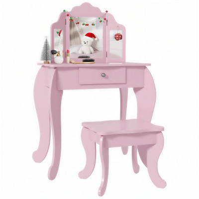 Qaba Kids Vanity Table and Stool, Makeup Vanity Girls Dressing Table Set with Tri-folding Mirrors Drawer Star and Heart Pattern, Pink