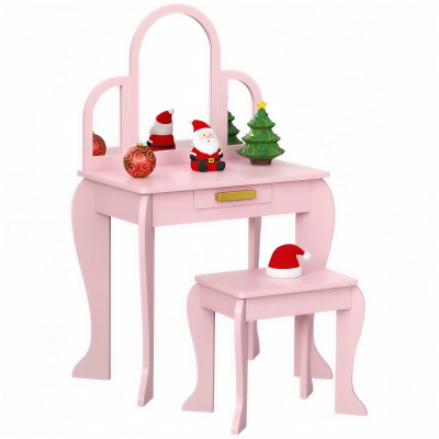 Qaba Kids Dressing Table and Chair Set, Girls Dressing Set, Makeup Desk with Drawer for 3-6 Years Old Kids, Pink