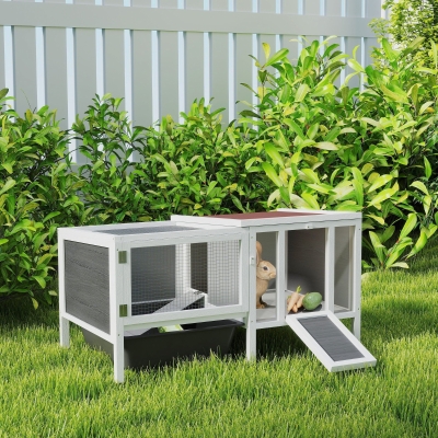 PawHut Rabbit Hutch, Wooden Guinea Pig Cage with Run, Openable Top, Pull Out Tray and Ramp, Water-Resistant Roof, Grey