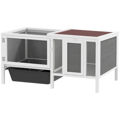 PawHut Rabbit Hutch, Wooden Guinea Pig Cage with Run, Openable Top, Pull Out Tray and Ramp, Water-Resistant Roof, Grey