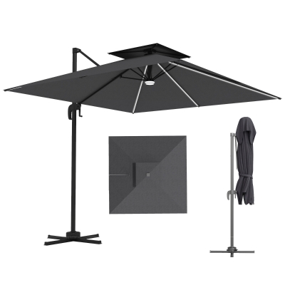 Outsunny 8' Cantilever Patio Umbrella with LED Lights, 360°Rotation, Tilt & Height Adjustment, Crank, Cross Base, Dark Grey