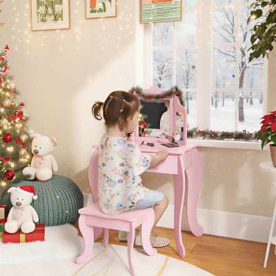Qaba Kids Vanity Table and Stool, Makeup Vanity Girls Dressing Table Set with Tri-folding Mirrors Drawer Star and Heart Pattern, Pink