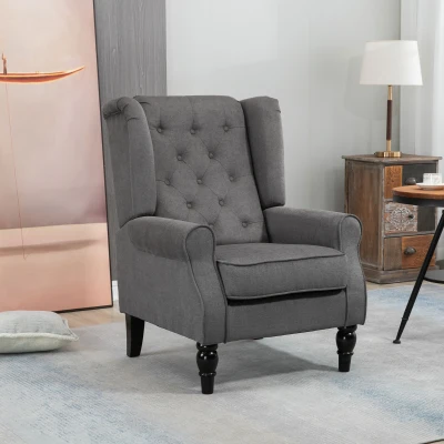 HOMCOM Wingback Accent Chair, Tufted Lounge with Wood Legs, Dark Gray