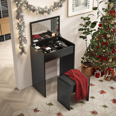 HOMCOM Modern Vanity Set with Makeup Table and Cushioned Stool, Dressing Table with Flip Top and Mirror for Bedroom, Black