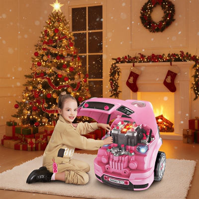 Qaba Mechanic Kids Truck Engine Toy Set, Car Service Play Set, Pink