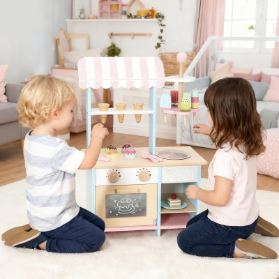 Qaba Wooden Ice Cream Toy Shop Kids, Pretend Play Food Store with Toy Food and Oven for Boys and Girls Aged 3+