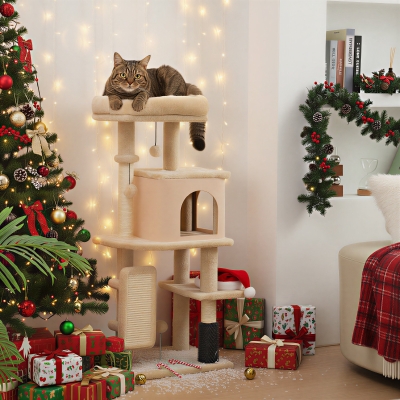 PawHut 41 Inch Cat Tree with Scratching Posts, Cat Bed, Condo, Grooming Brush, Jumping Platforms, Toy Balls, Anti-tip Kit