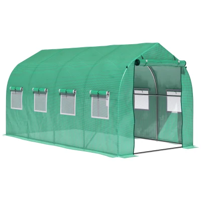 Outsunny 13' x 6.5' x 6.5' Steeple Walk-in Greenhouse Garden Plant Seed Grow Tent Polytennel with Windows and Door Green