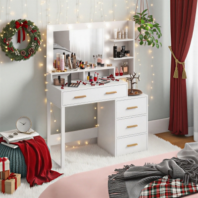 HOMCOM Illuminated Dresssing Table, LED Vanity Table with Mirror, Drawer and Storage Shelves for Bedroom, White