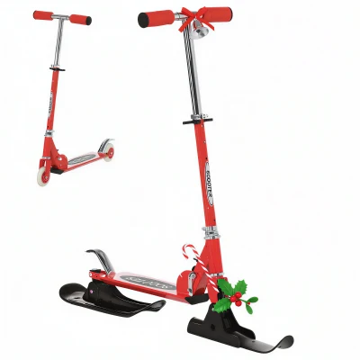 Qaba Snow Scooter, 2 in 1 Design Adjustable Height Scooter Snow Sled for Kids Aged Over 7 Years Old, Foldable Kids Sled Ski Scooter with Wheels Blades, Red