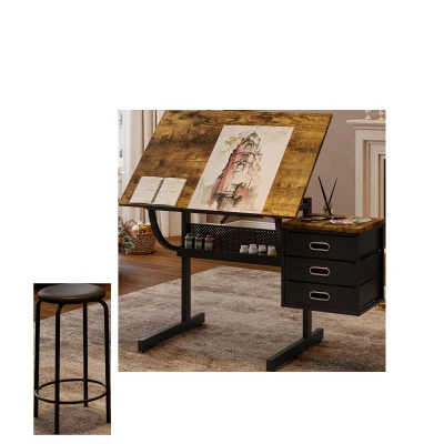 Adjustable Drafting Table with 3 Drawers, Black