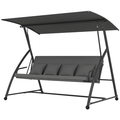 Outsunny Patio Swing Chair, 3 Person Convertible Hammock, Outdoor Swing Lounge Bed, Cushioned with Tilt Canopy, Dark Grey