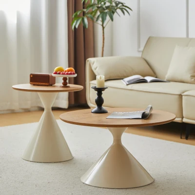 2-Piece Round Nesting Coffee Table Set with Curved Inset Edges, Brown+White