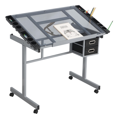 Adjustable Drafting Table Desk with 2 Fabric Drawers, Silver grey