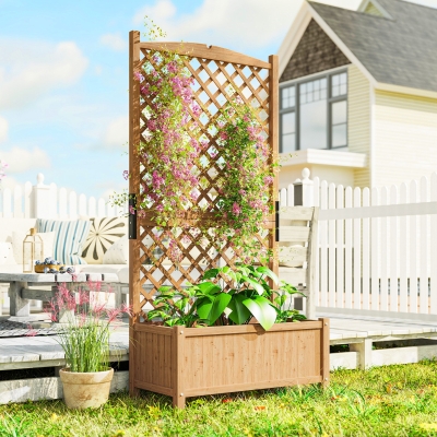 Outsunny Raised Garden Bed with Trellis, Wooden Raised Planter Box with Elevated Raised Bed, 35.4" x 17.7" x 70.9", Yellow