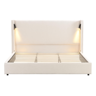 King Bed Frame with Adjustable Reading Lamp and USB Charging Port, Platform Bed with Wingback Headboard, 86'' L x 83.5'' W x 49'' H, Beige