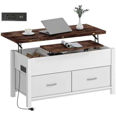 HOMCOM Lift Top Coffee Table, Center Table with 3 Hidden Compartments, 2 Fabric Drawers, Expandable Top and Charging Station