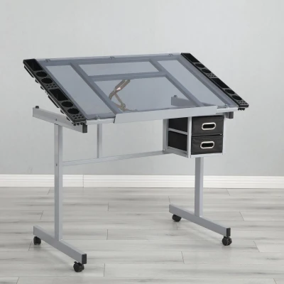 Adjustable Drafting Table Desk with 2 Fabric Drawers, Silver grey
