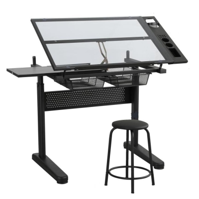 Hand-Crank Adjustable Drafting Table with 2 Drawers, Black