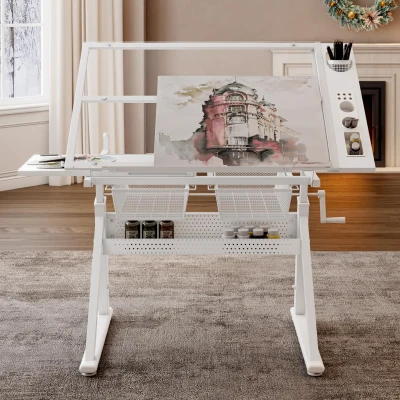 Hand-Crank Adjustable Drafting Table with 2 Large Metal Drawers, White