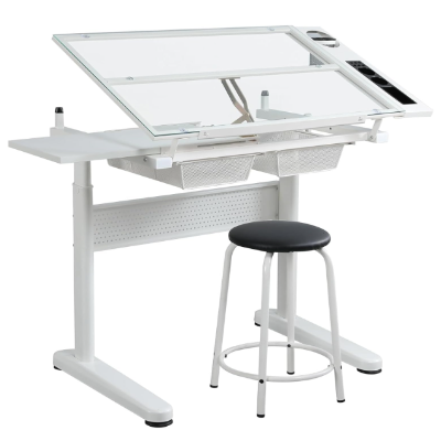 Hand-Crank Adjustable Drafting Table with 2 Drawers, White