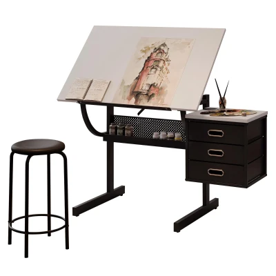 Adjustable Drafting Table with Stool and 3 Hanging Fabric Drawers, Black+White