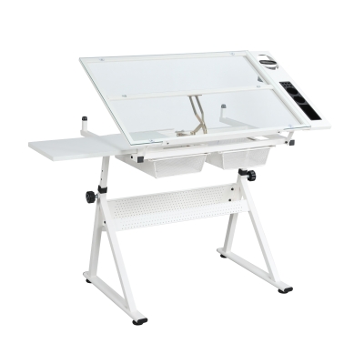 Adjustable Tempered Glass Drafting Table with 2 Metal Drawers, White