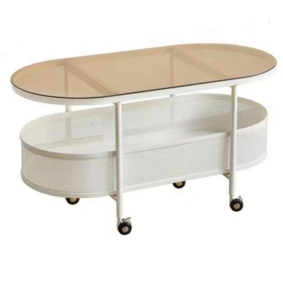 Oval Rolling Metal Coffee Table with 4 Swivel Casters, White