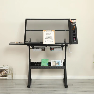Hand-Crank Adjustable Drafting Table with 2 Large Metal Drawers, Black