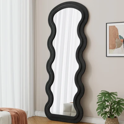 Flannel-Covered Wavy Full-Length Floor Mirror with True-Reflection Glass, Black