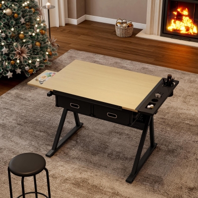 Adjustable Drafting Table Desk with Tilt Top, Maple