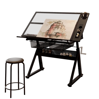 Hand-Crank Adjustable Drafting Table with 2 Large Metal Drawers, Black