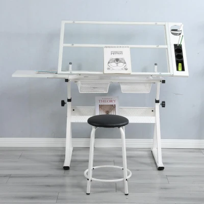 Adjustable Tempered Glass Drafting Table with 2 Metal Drawers, White